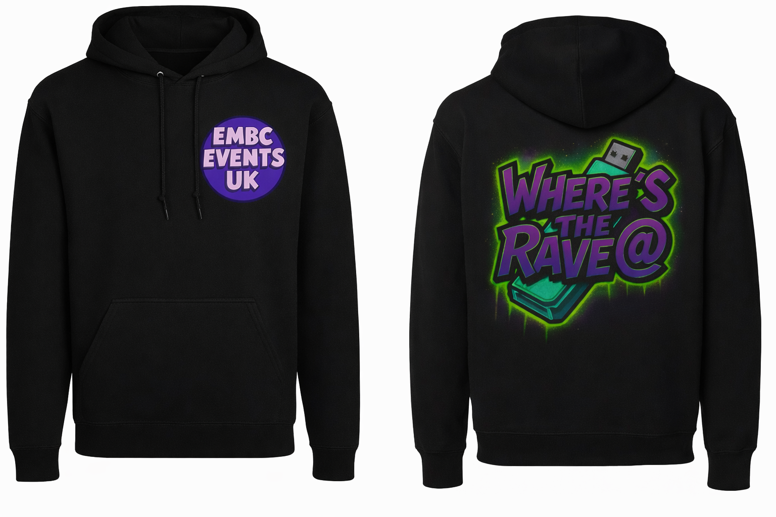 Embc - “where’s the rave @“ hoodie black and purple edition