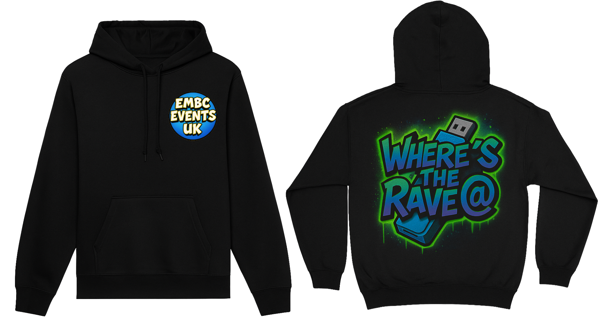 Embc - “where’s the rave @ “ Hoodie black and blue edition